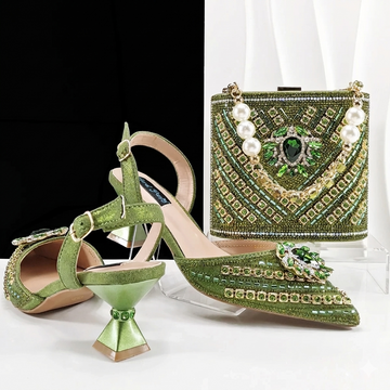 Women’s Green Heels & Rhinestone Bag Set