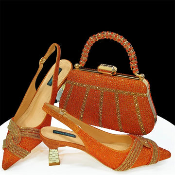 Embellished Heels & Orange Matching Bag Set – Crystal Butterfly-Knot Slingback Pumps for Wedding & Party