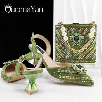 Women’s Green Heels & Rhinestone Bag Set