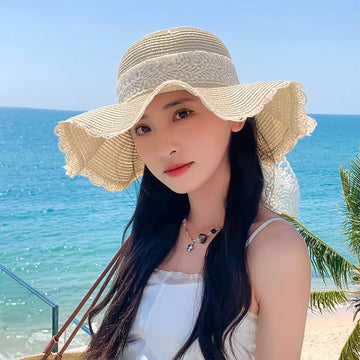 Spring Women’s Straw Hat – Lace Bow Large Brim Foldable Sun Hat