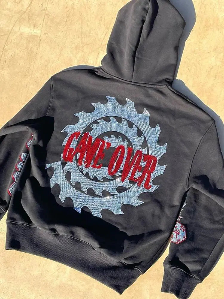 Letter Pattern Rhinestones Hoodie - Blingy Bag LLC