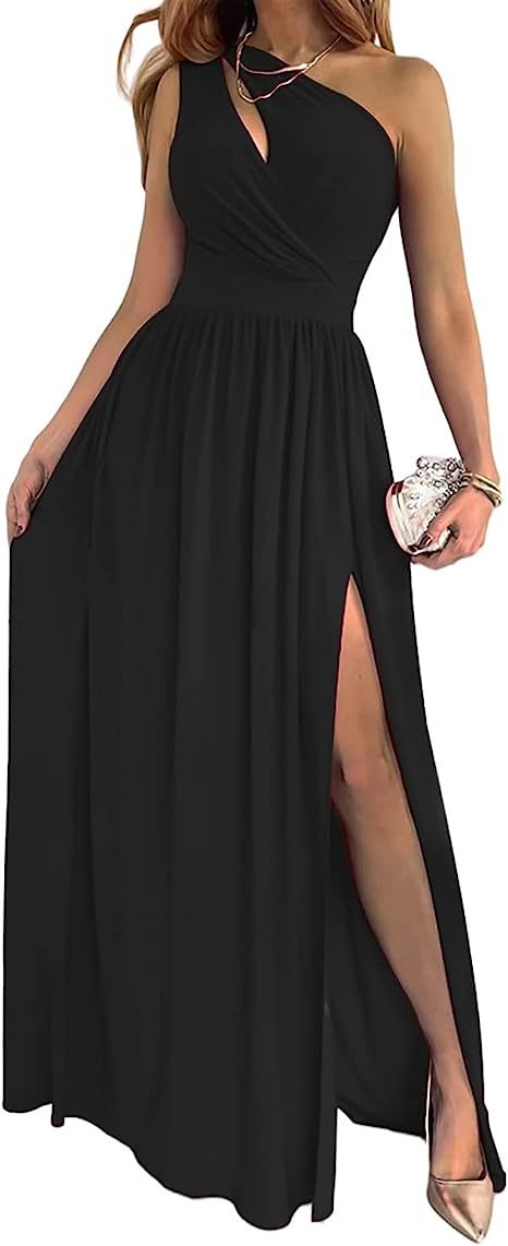 Women's One Shoulder High Split Cutout Sleeveless Elegant Sexy Cocktail Maxi Dress - Blingy Bag LLC