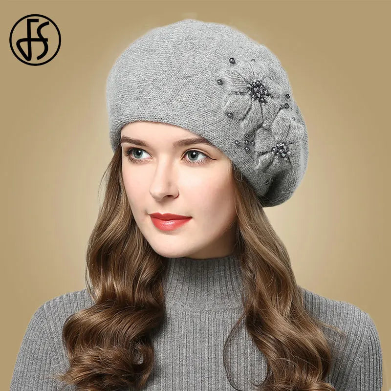FS Women’s Winter Beanie – 2023 Knitted Rabbit Fur Hat with Double-Layer Flower Beret for Warmth