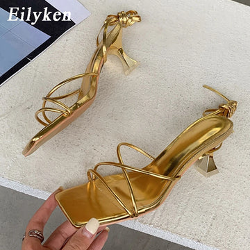 Eilyken Gold & Silver Gladiator Sandals – Women’s Lace-Up Rome Summer Casual Low Heels