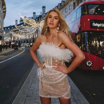 Short Skirt High Waist Sexy Sequins Dress off-Shoulder Feather Dress One Shoulder Sexy Dress