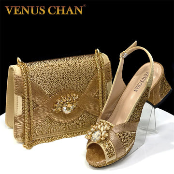 Women’s Gold Peep-Toe Heels & Bag Set 2025 – Venus Chan Italian Diamond Party Pumps