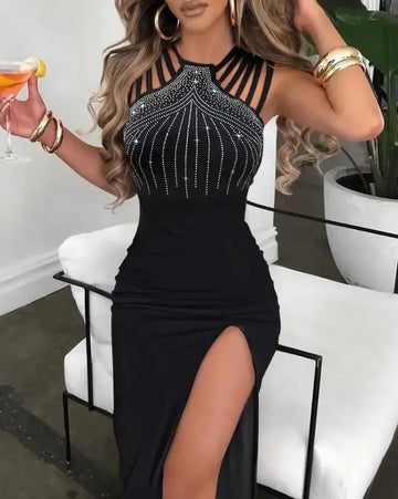 Women’s Rhinestone Maxi Dress – Multi-Strap High-Slit Party Dress