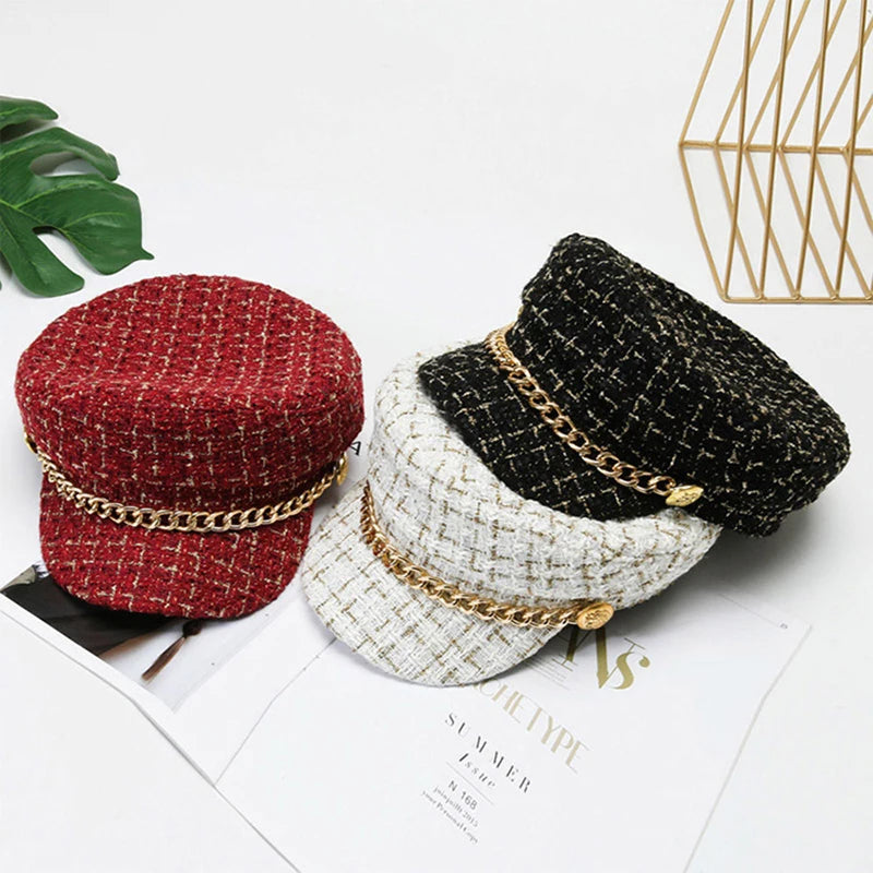Autumn Winter Pearl Chain Navy Hat – Women’s Fashion Beret Newsboy Cap