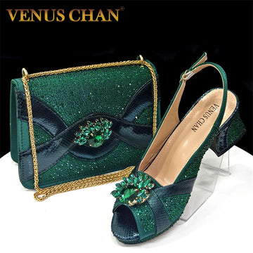 Women’s Green Peep-Toe Heels – Diamond Accent Pumps with Italian Party Shoes & Bag Set