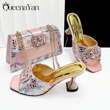 Queena Yan Italian Pink Shoes & Bag Set – Women’s Elegant High Heels with Rhinestone Decoration