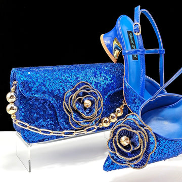 Women’s Royal Blue Heels & Bag Set – Flower Design Pointed Toe Shoes with Rhinestones for Party & Wedding