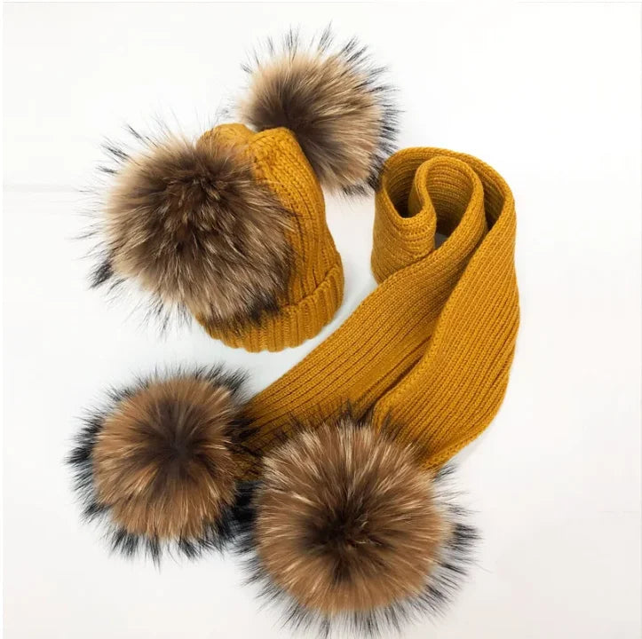 Parent-Child Winter Fur Pompom Hat & Scarf Set – Cute Knitted Warm Hats for Mother & Kids