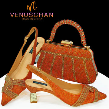 Women’s Orange Heels & Bag Set 2024 – Venus Chan Crystal Shoes for African Wedding & Party