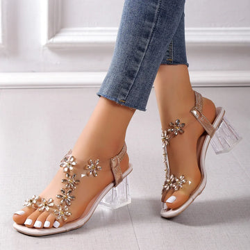 Women’s PVC Crystal Flower Sandals – Chunky Heel Back Strap Fashion Shoes