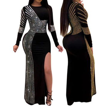 Rhinestone Glitter Floor Length Split Dress Female Sequined Maxi Dress