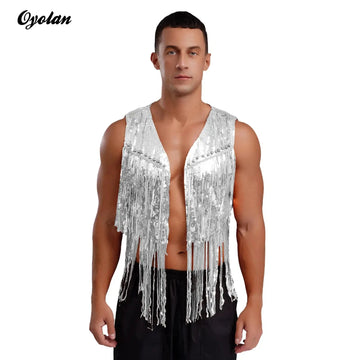 Men’s Sequin Cowboy Vest – Rivet Fringe Sleeveless Jacket for Disco, Club & Party