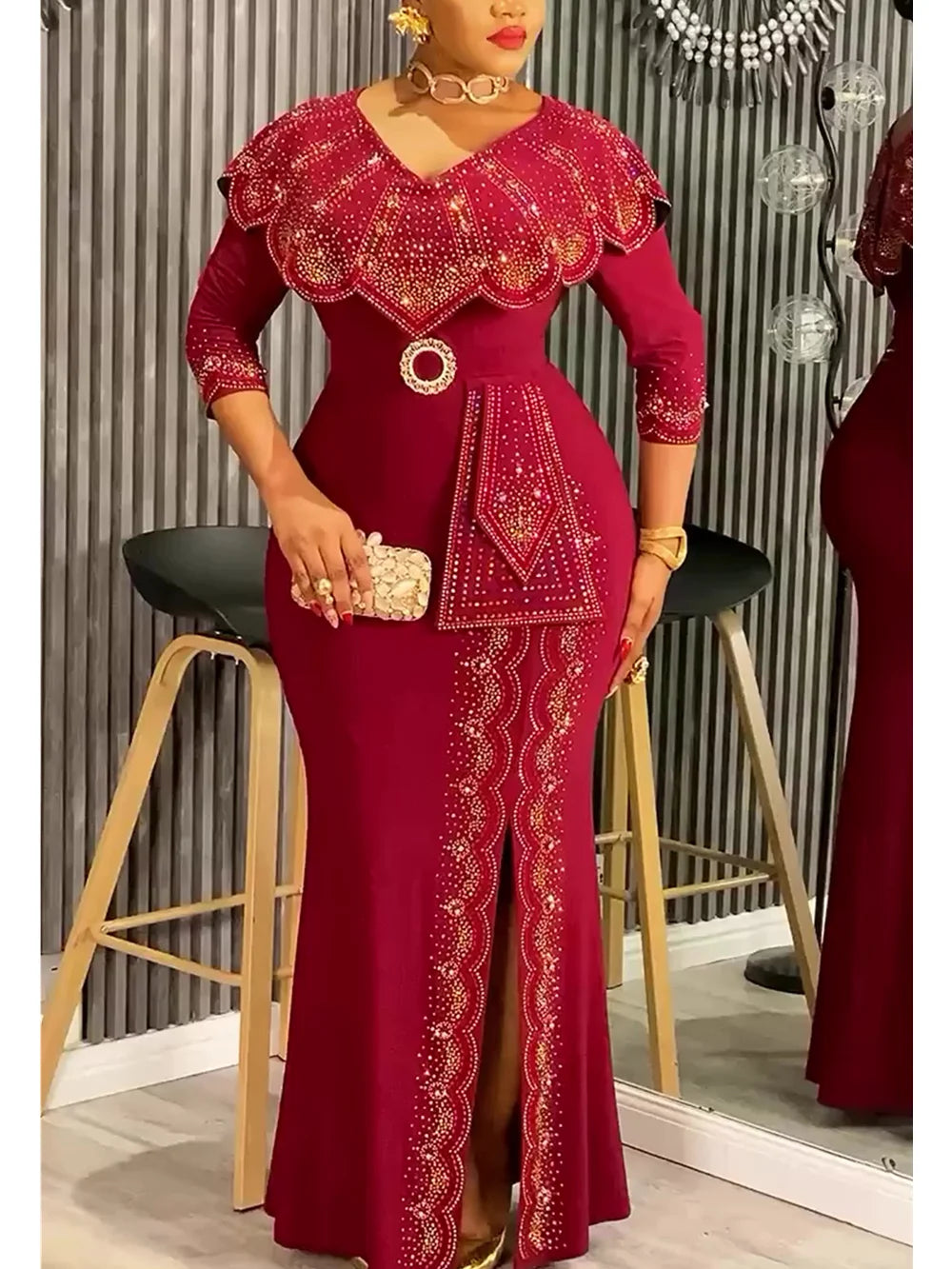 Plus Size African Dashiki Dress – Diamond Bodycon Slit Long Gown for Women, Elegant Wedding & Evening Wear
