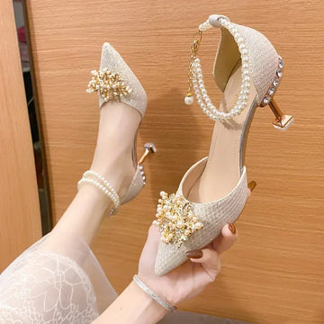 Women’s Pointed High Heels – Fashion Metal Beaded Pumps for Summer, Wedding & Banquet