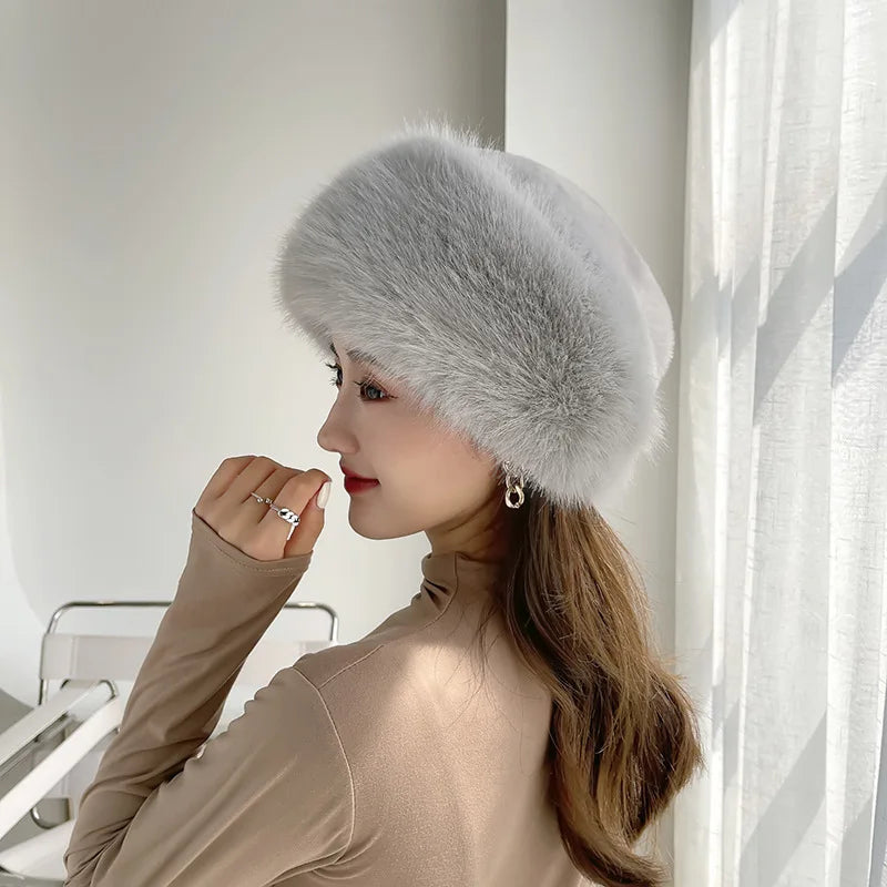 Women’s Winter Faux Fur Fox Hat – Thick Warm Beret with Ear Protection, Mongolian Princess Style