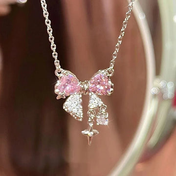 Sweet Pink Bow Necklace – Women’s Rhinestone Star Pendant Clavicle Chain for Wedding & Fashion