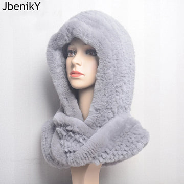Women’s Winter Fur Hat with Hooded Scarf – Knitted Rex Rabbit Fur Bonnet for Warmth