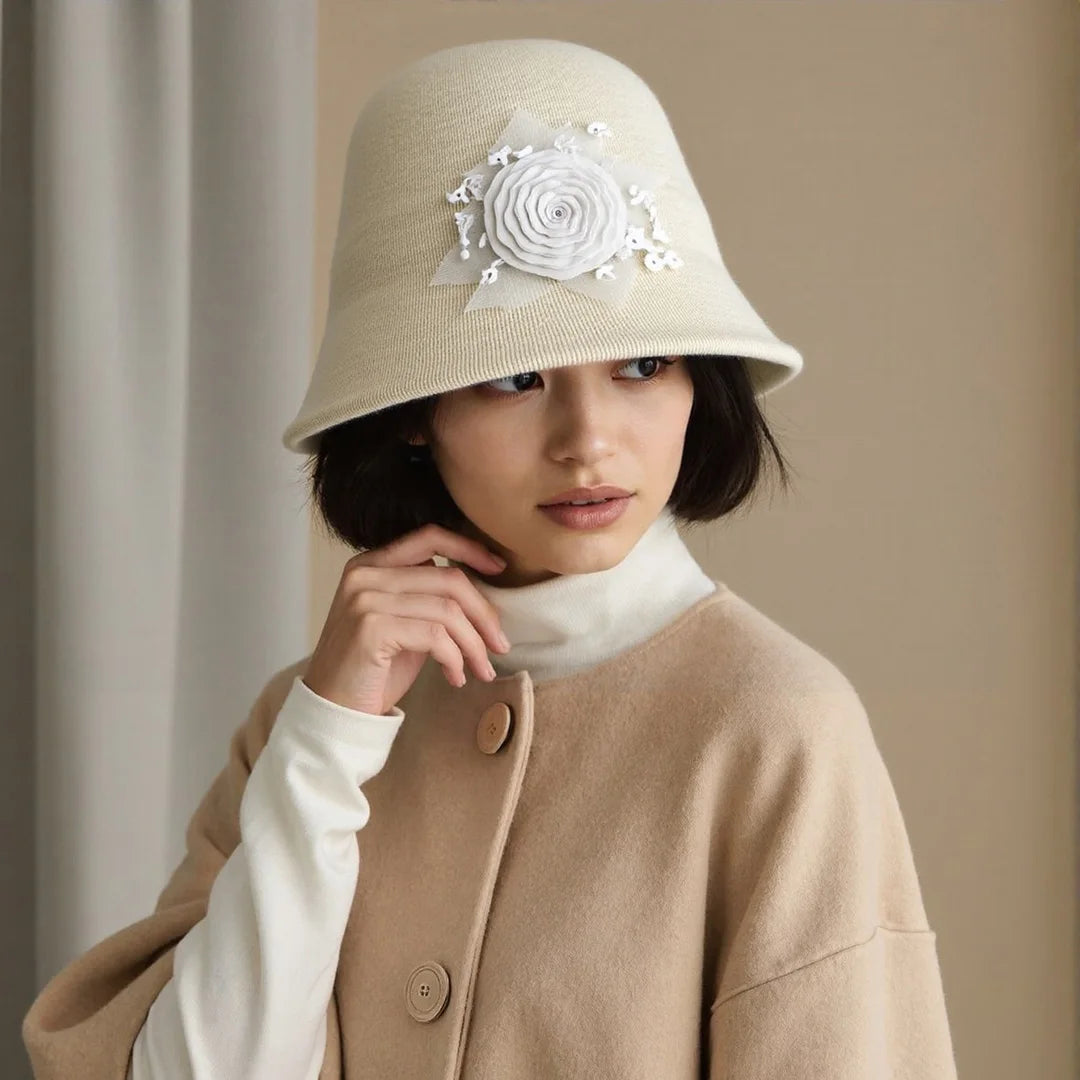 Women’s Winter Handmade Flower Bucket Hat – Elegant Black Fisherman Bonnet