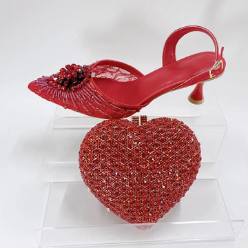 Red Color Party Sandals with Rhinestones Nigerian Women's Medium Heel Pointed Toe Shoes And Bags Set for Women