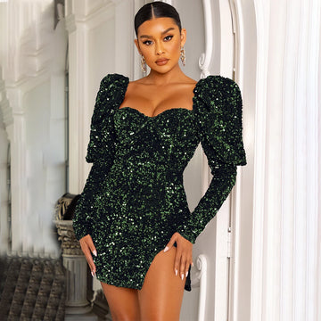 Green Sequin Sweetheart Mini Cocktail Dress – Long Sleeve Backless Party Gown