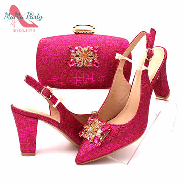 Fuchsia Crystal Italian Design Women’s Shoes and Bag Set – African Wedding Party High-Quality Heels with Matching Handbag