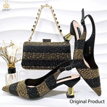 Women’s Italian Design Pumps & Bag Set – Black Gold Shoes for Nigeria Wedding