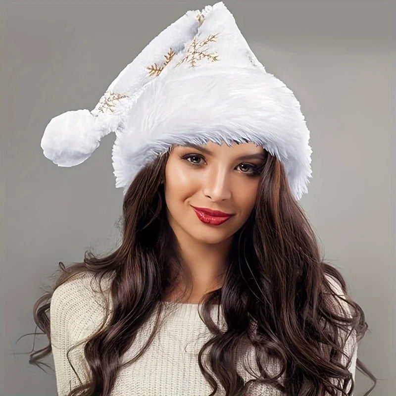 Fuzzy White Snowflake Christmas Hat – Golden Embroidered Holiday Costume