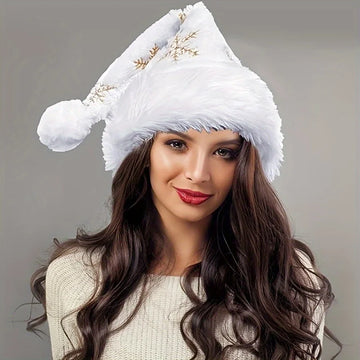 Fuzzy White Snowflake Christmas Hat – Golden Embroidered Holiday Costume