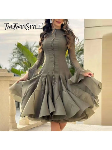 TWOTWINSTYLE Solid Spliced Button Slimming Dresses For Women O Neck Long Sleeve High Waist Patchwork Ruffles Female Fashion New