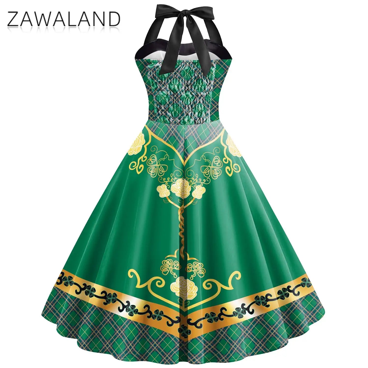 Zawaland Women Dress Halterneck Green Clover Printed Dresses