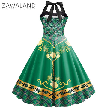 Zawaland Women Dress Halterneck Green Clover Printed Dresses