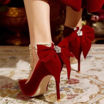 Red Xiuhe Bridal Stiletto Heels – Pointed Toe Bow Pearl Strap Wedding Shoes for Women
