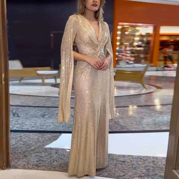 Women's Elegant Formal Dress for Wedding Bridesmaid with Sequin Slit Long Sleeves and V-Neck Beaded Evening Gown Ideal for Party Wear