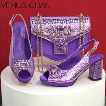 Women’s Open-Toe Purple Heels & Bag Set – Rhinestone Party Shoes, Plus Size Fashion Set