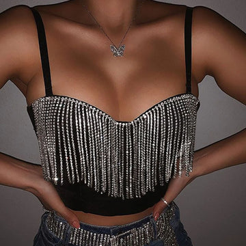 Splicing Bright Diamond Tassel Wrapped Chest Crop Top Suspenders
