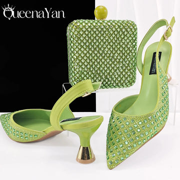 Queena Yan Italian-Inspired Green Crystal Heels with Matching Clutch Set