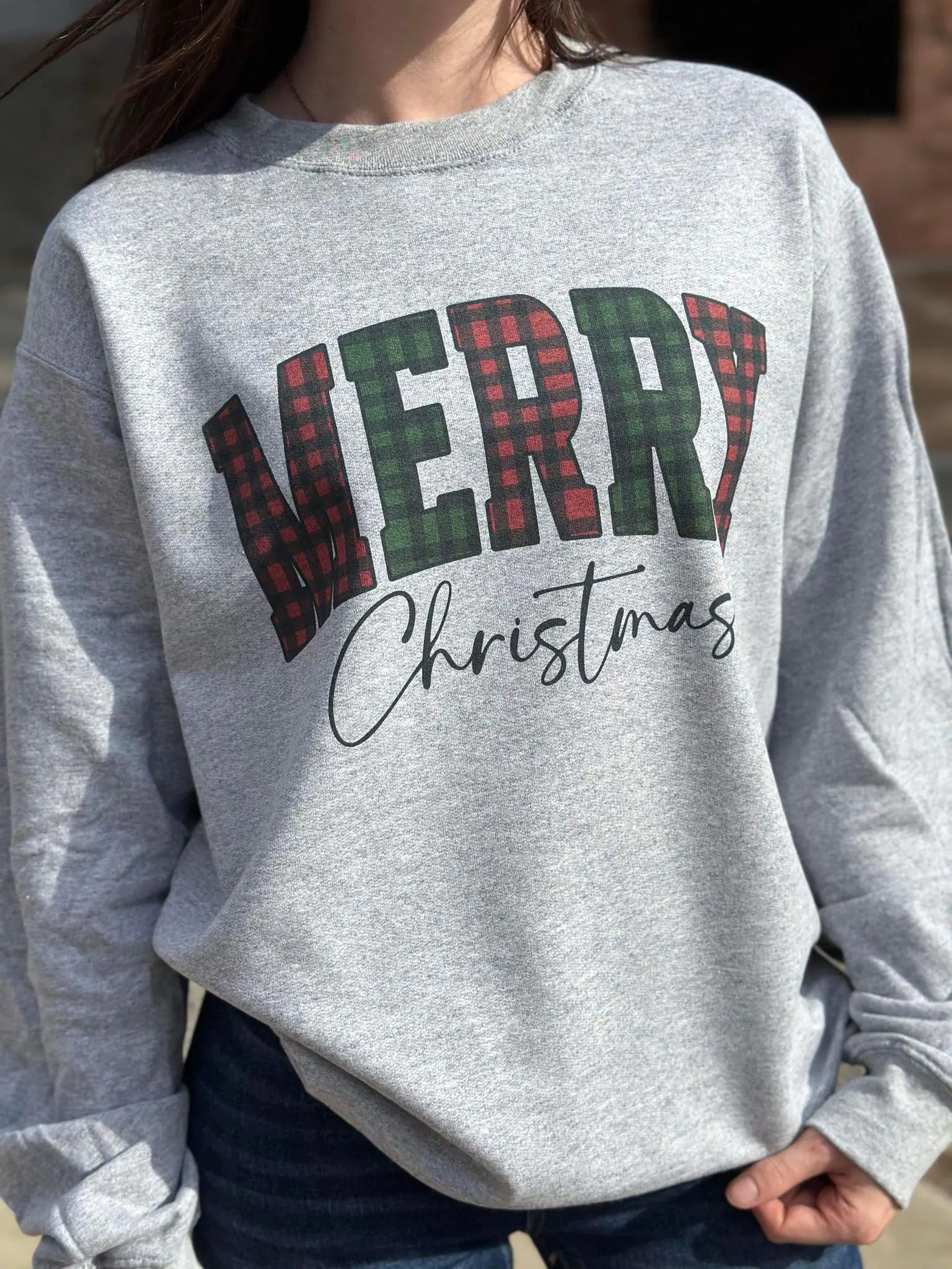 Checkered Merry Christmas Sweatshirt - Blingy Bag LLC